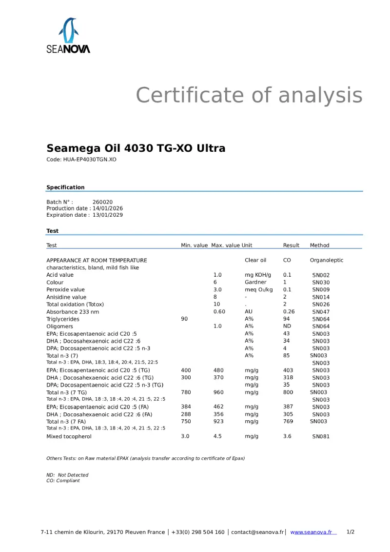 Certificado de análisis omega 3 - página 1